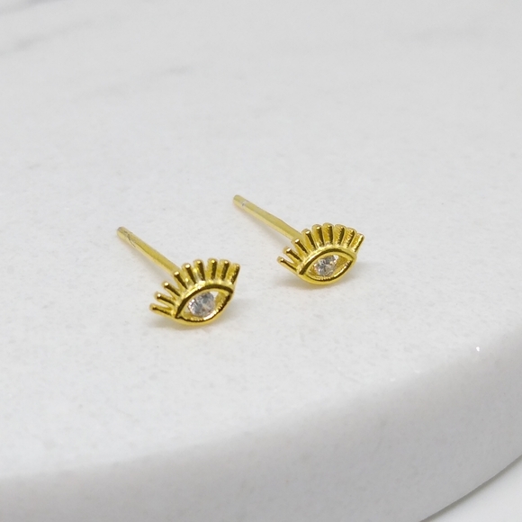 Tiny Dainty Gold Evil Eye Stud Earrings | S925 - Picture 4 of 6